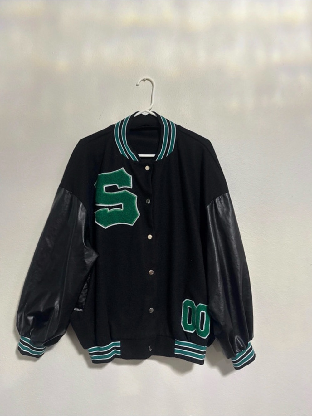 SHEIN Black and Green Letterman-Style Leather Sleeve Jacket